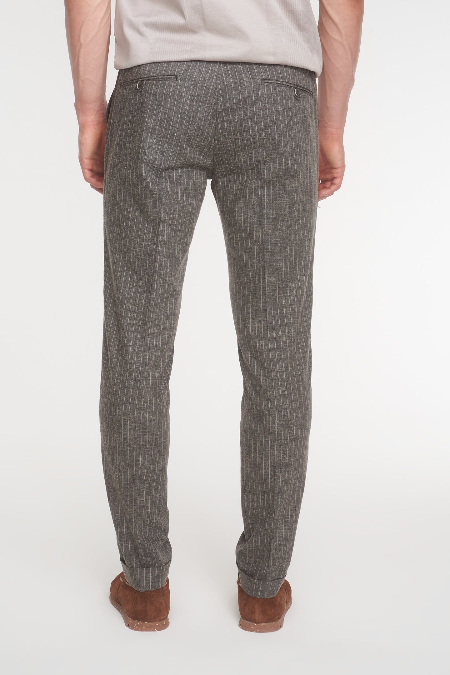Beige Stipe Drawstring Linen Trousers